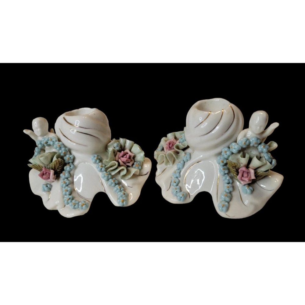 Gorgeous 50s Reina Califa Bone China Candlestick Holders 223 Flowers Cherub Gold